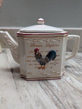 Ceramic Teapot with Rooster Motif - Cream and Red Trim